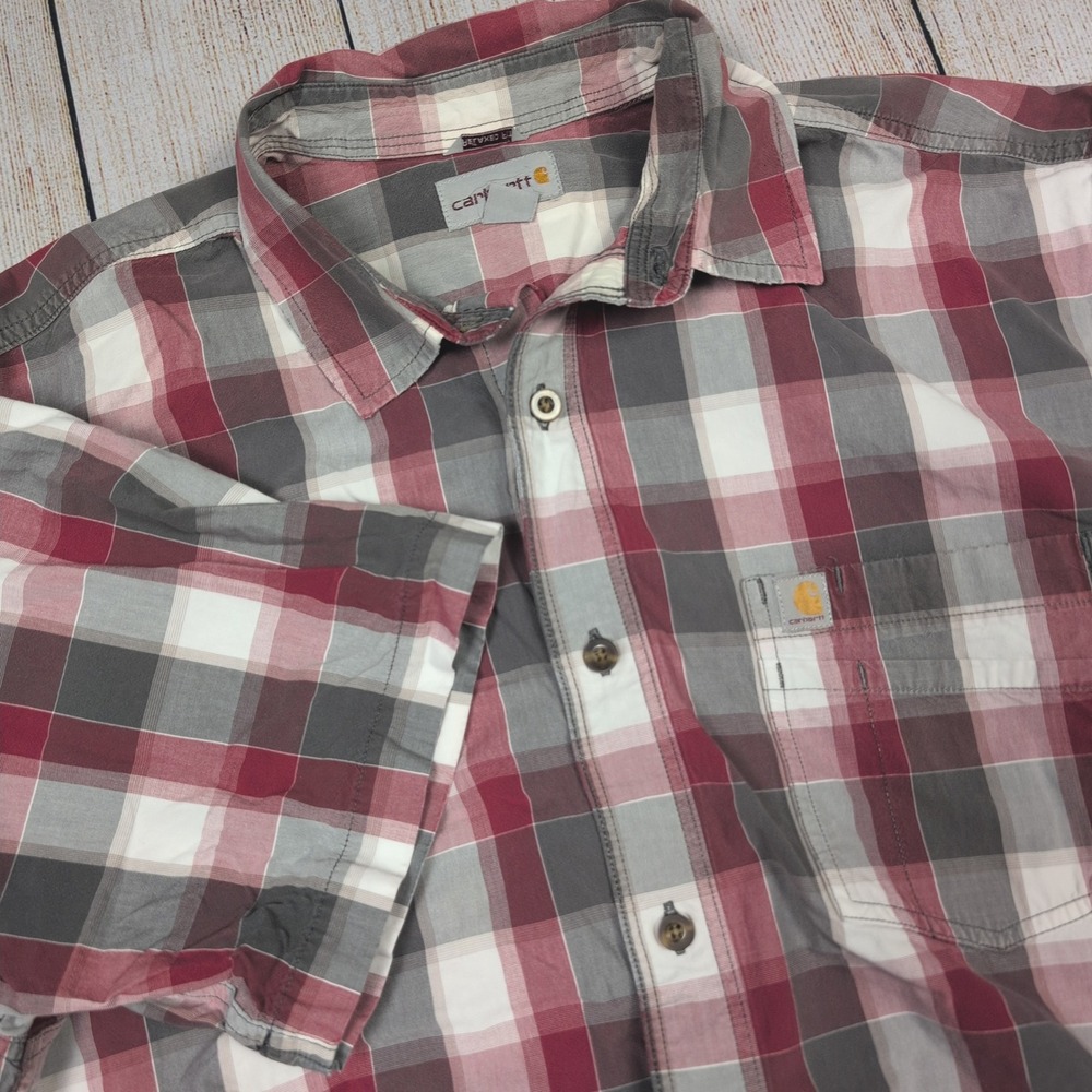 Carhartt Relaxed Fit Plaid Button Up Short Sleeve‎ Shirt XL red & grey